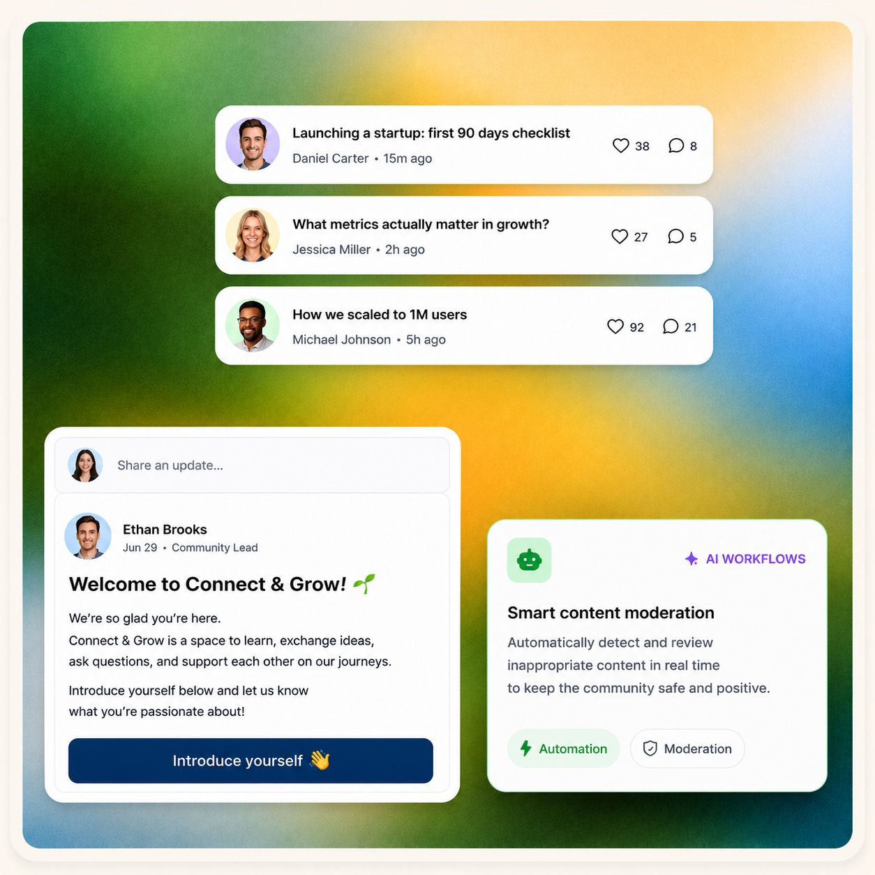 Organized community spaces with discussions, welcome posts, and AI workflows