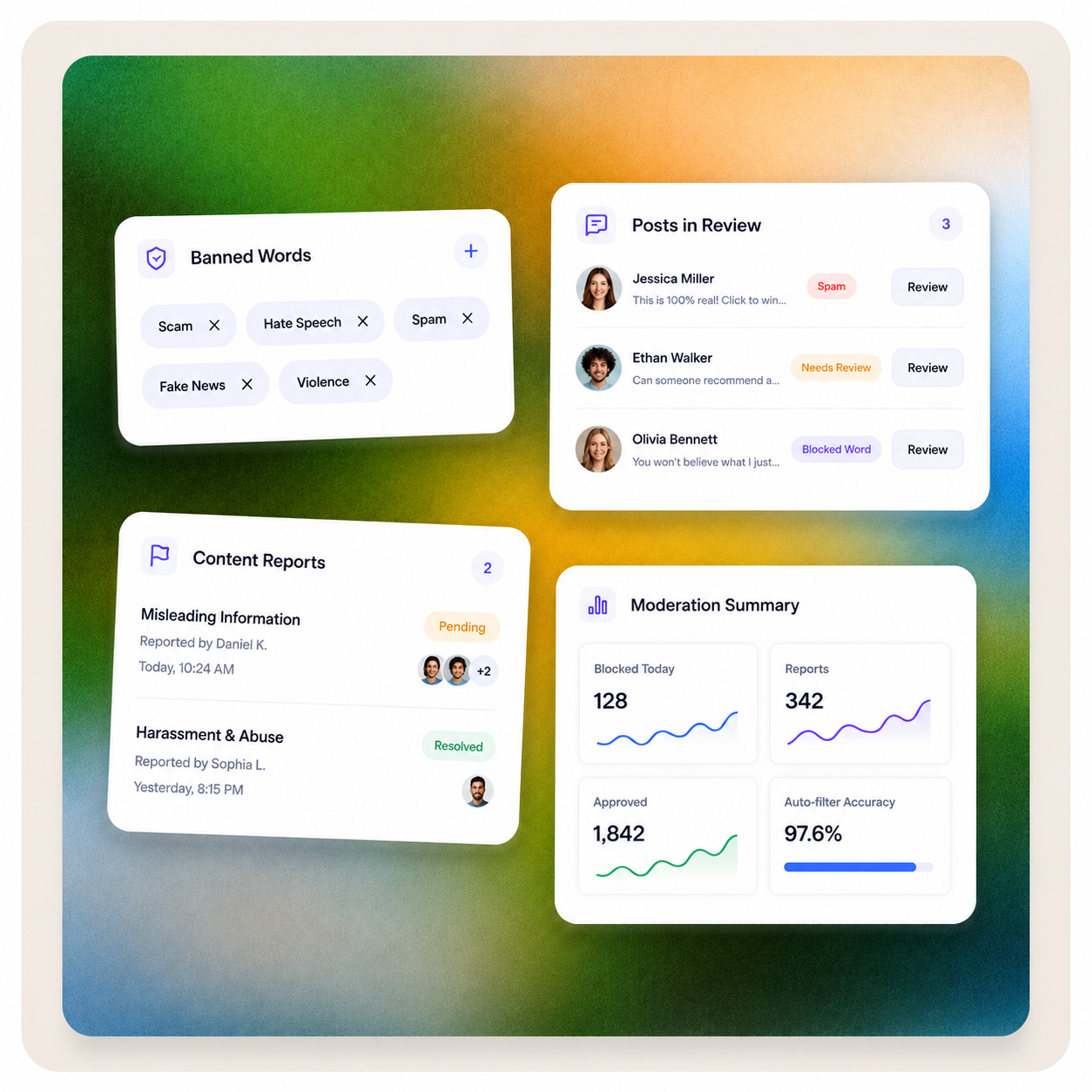 Community moderation dashboard with banned words, posts in review, content reports, and moderation summary