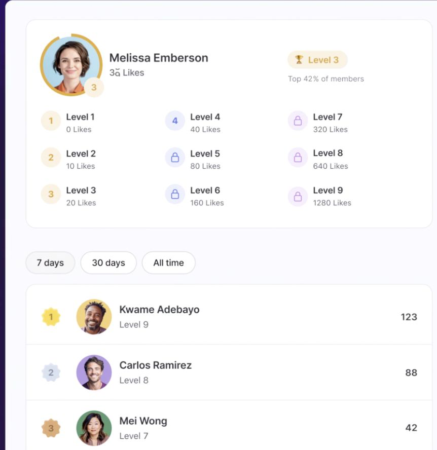 Points and rewards dashboard showing member levels, likes, and leaderboards