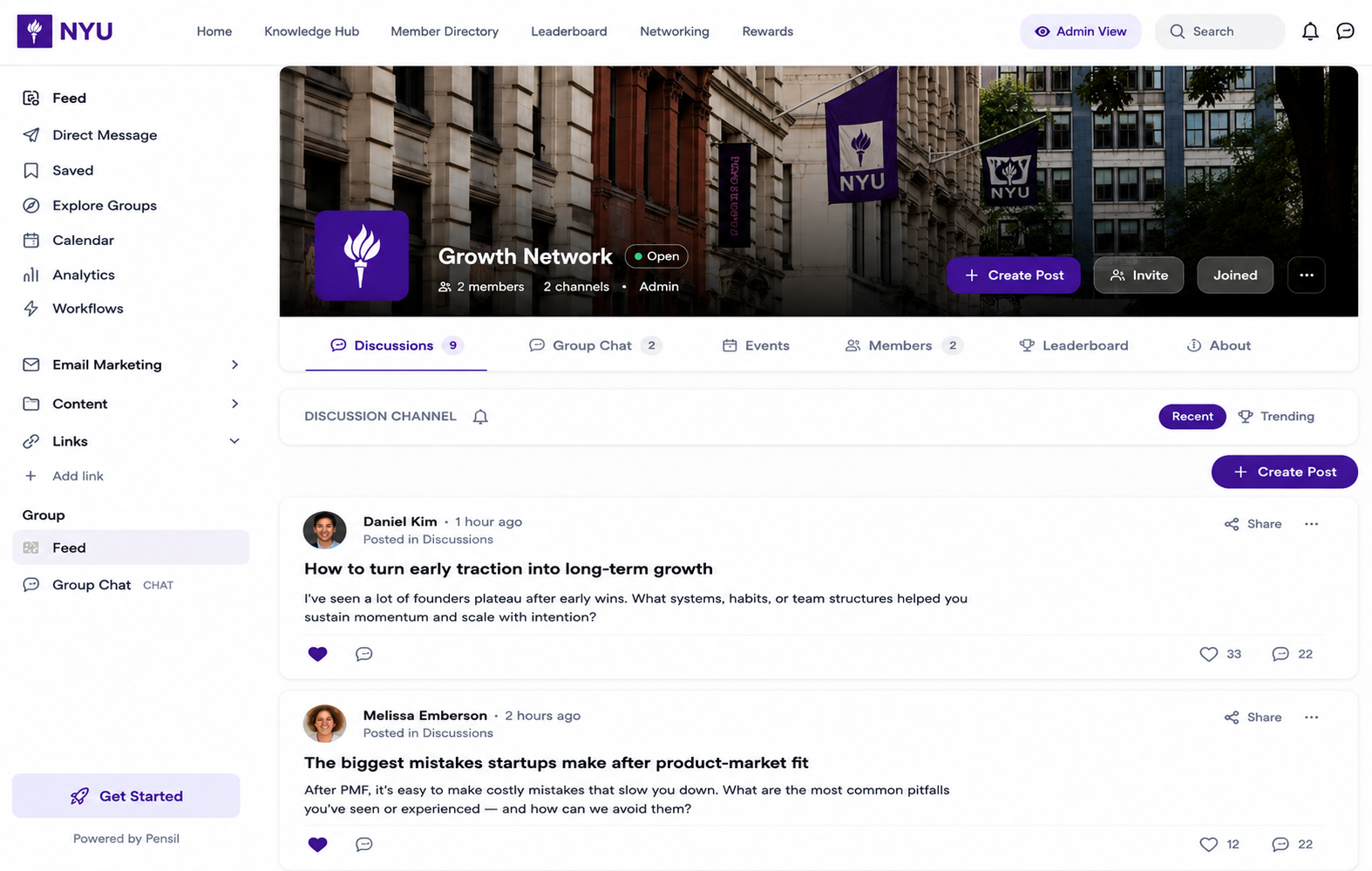 Community discussions dashboard with NYU Growth Network feed, posts, and engagement