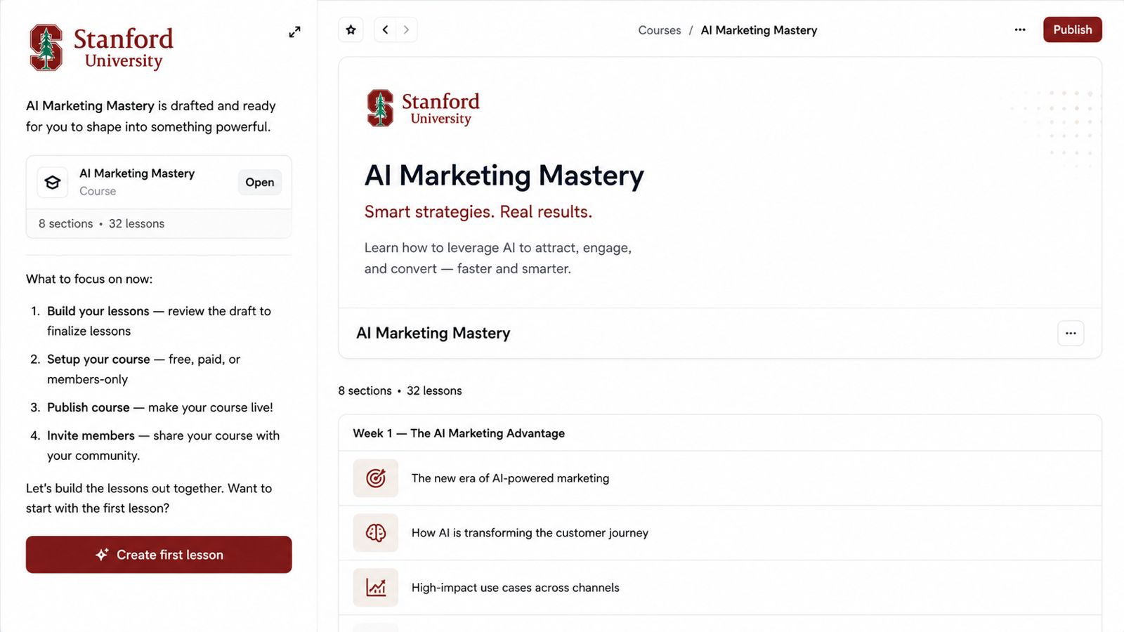 Course builder with AI-drafted course outline and lessons